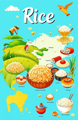 A vibrant and colorful illustration representing the theme of rice, showcasing the journey of rice from the paddy fields to various culinary delights across cultures