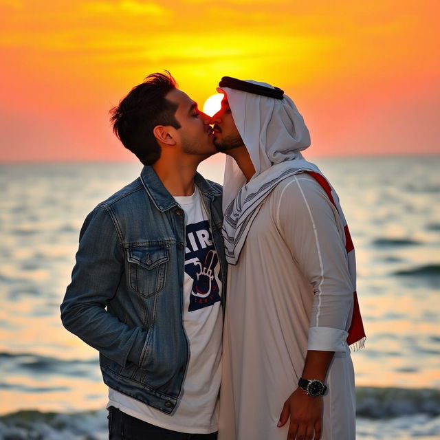 A beautiful scene depicting a romantic moment between an American and an Iraqi person sharing a kiss