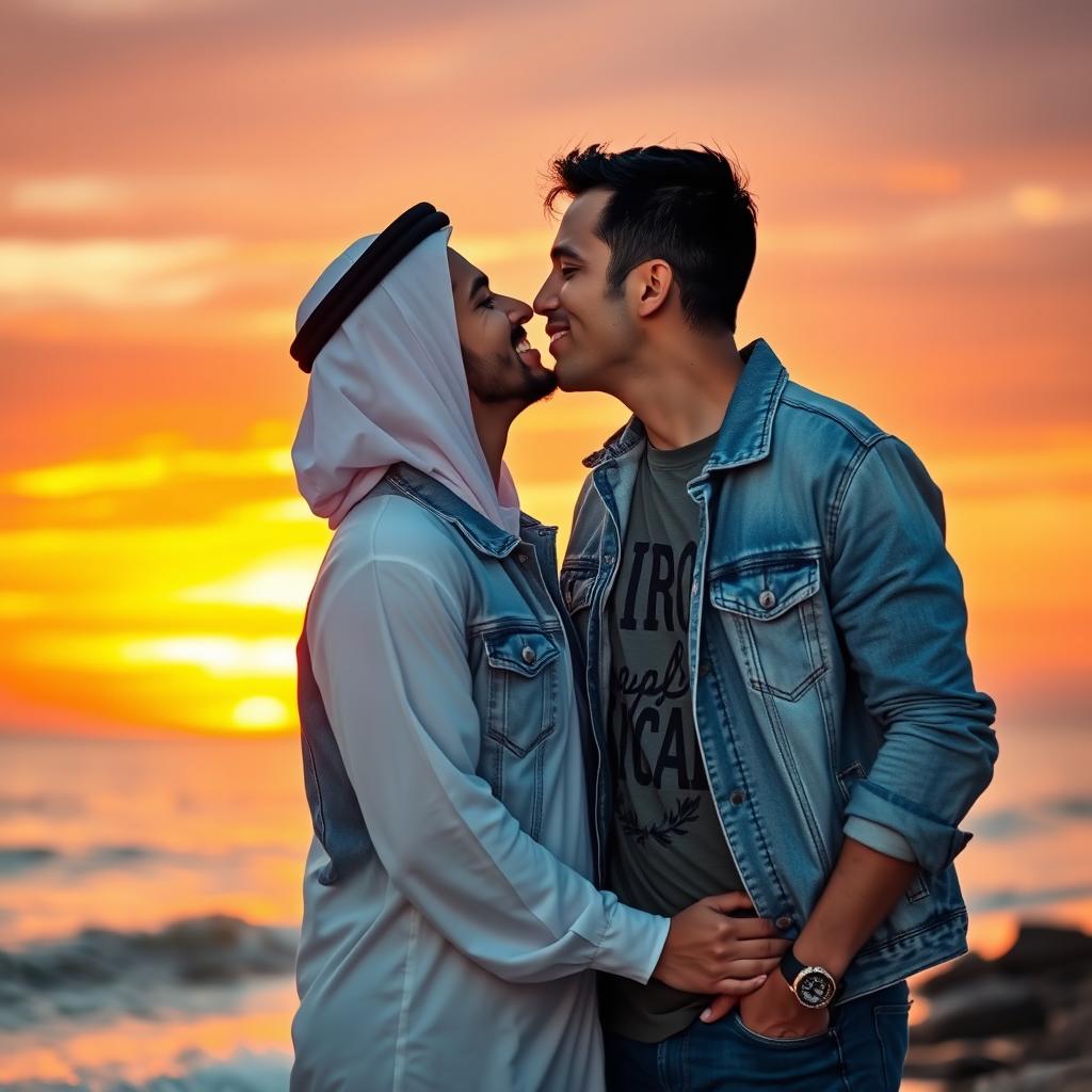 A beautiful scene depicting a romantic moment between an American and an Iraqi person sharing a kiss