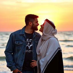 A beautiful scene depicting a romantic moment between an American and an Iraqi person sharing a kiss