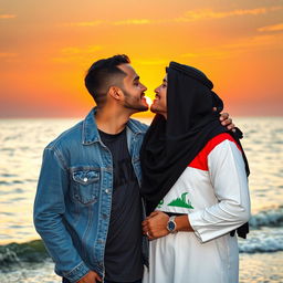 A beautiful scene depicting a romantic moment between an American and an Iraqi person sharing a kiss