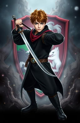 A heroic figure resembling a young wizard in a battle-ready stance, wielding the Sword of Gryffindor