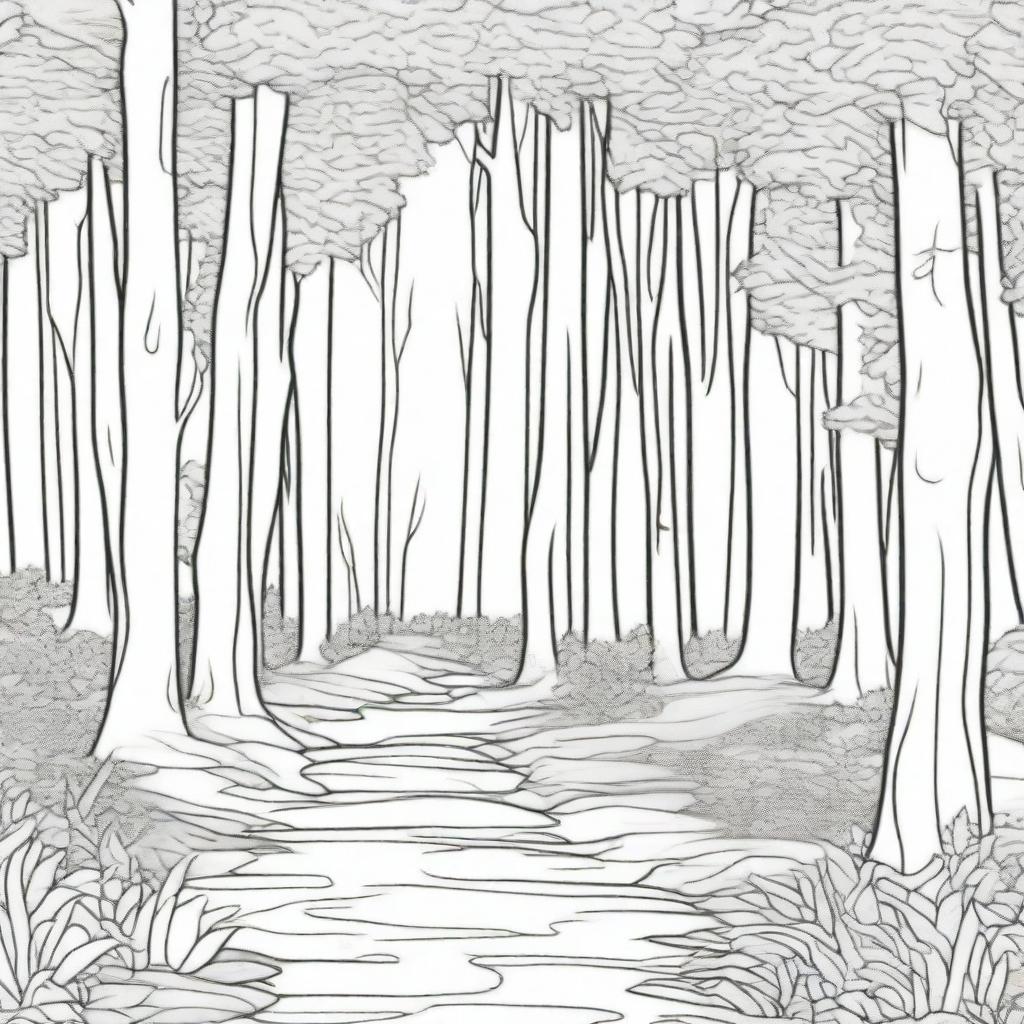 A coloring page designed to show depth, featuring a serene forest trail inviting the viewer into its shaded depths, with trees receding into the distance