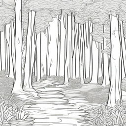 A coloring page designed to show depth, featuring a serene forest trail inviting the viewer into its shaded depths, with trees receding into the distance