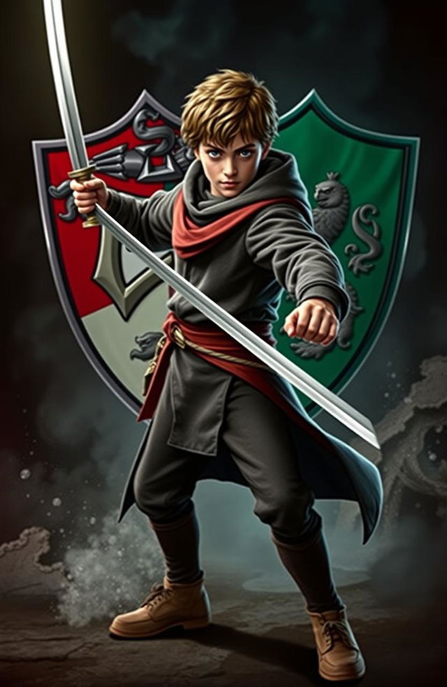 A heroic figure resembling a young wizard in a battle-ready stance, wielding the Sword of Gryffindor