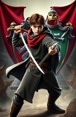 A heroic figure resembling a young wizard in a battle-ready stance, wielding the Sword of Gryffindor
