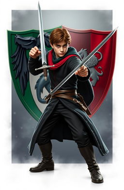 A heroic figure resembling a young wizard in a battle-ready stance, wielding the Sword of Gryffindor