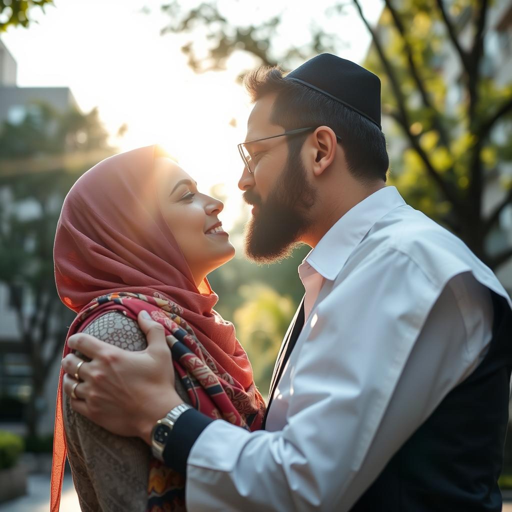 A beautiful and tender moment depicting a Jewish man gently kissing a woman wearing a hijab