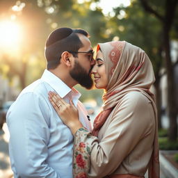 A beautiful and tender moment depicting a Jewish man gently kissing a woman wearing a hijab
