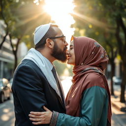 A beautiful and tender moment depicting a Jewish man gently kissing a woman wearing a hijab