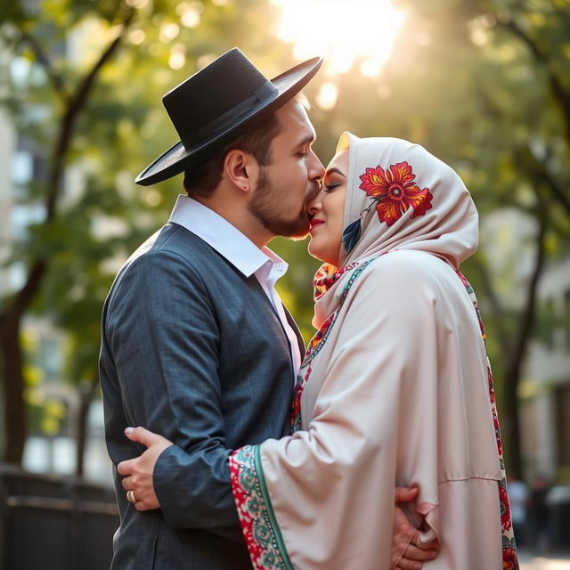 A beautiful and tender moment depicting a Jewish man gently kissing a woman wearing a hijab