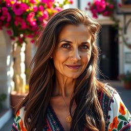 A portrait of a Spanish woman over 40 years old, showcasing her wisdom and grace, with long, flowing dark hair that has subtle highlights