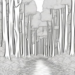 A coloring page designed to show depth, featuring a serene forest trail inviting the viewer into its shaded depths, with trees receding into the distance