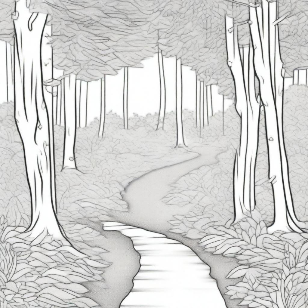 A coloring page designed to show depth, featuring a serene forest trail inviting the viewer into its shaded depths, with trees receding into the distance