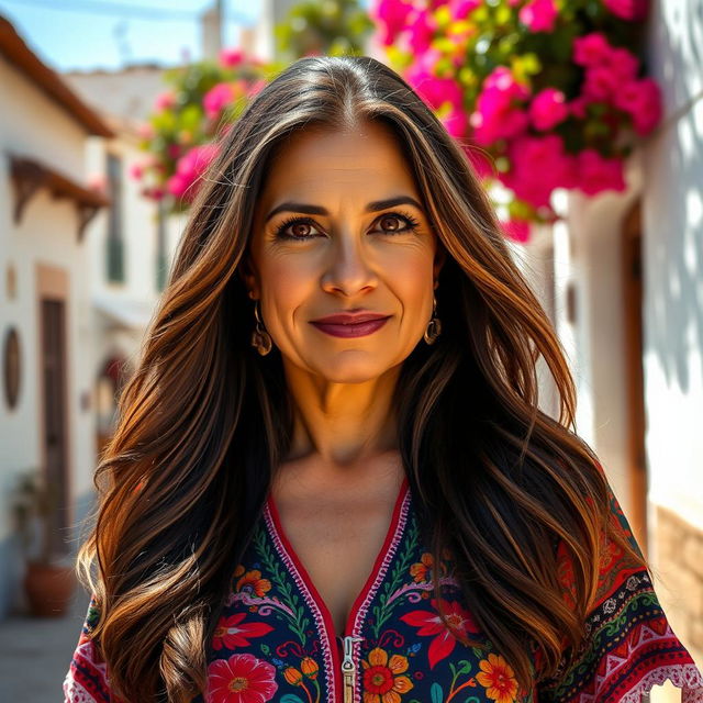 A portrait of a Spanish woman over 40 years old, showcasing her wisdom and grace, with long, flowing dark hair that has subtle highlights