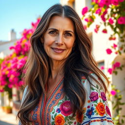 A portrait of a Spanish woman over 40 years old, showcasing her wisdom and grace, with long, flowing dark hair that has subtle highlights