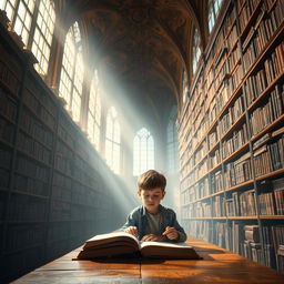 A young boy sitting at a wooden table in a magnificent heavenly library, surrounded by towering shelves filled with ancient books that emit a soft, ethereal glow