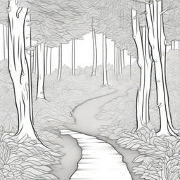 A coloring page designed to show depth, featuring a serene forest trail inviting the viewer into its shaded depths, with trees receding into the distance