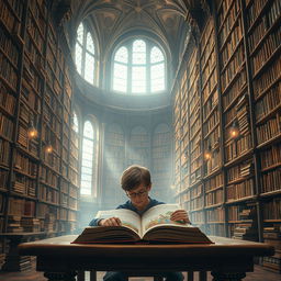 A young boy sitting at a wooden table in a magnificent heavenly library, surrounded by towering shelves filled with ancient books that emit a soft, ethereal glow