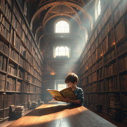 A young boy sitting at a wooden table in a magnificent heavenly library, surrounded by towering shelves filled with ancient books that emit a soft, ethereal glow