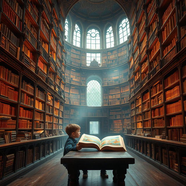 A young boy sitting at a wooden table in a magnificent heavenly library, surrounded by towering shelves filled with ancient books that emit a soft, ethereal glow