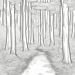 A coloring page designed to show depth, featuring a serene forest trail inviting the viewer into its shaded depths, with trees receding into the distance