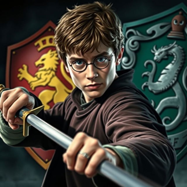 A close-up of Harry Potter, with an intense and determined look on his face, wielding the Sword of Gryffindor firmly