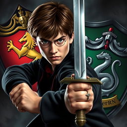 A close-up of Harry Potter, with an intense and determined look on his face, wielding the Sword of Gryffindor firmly