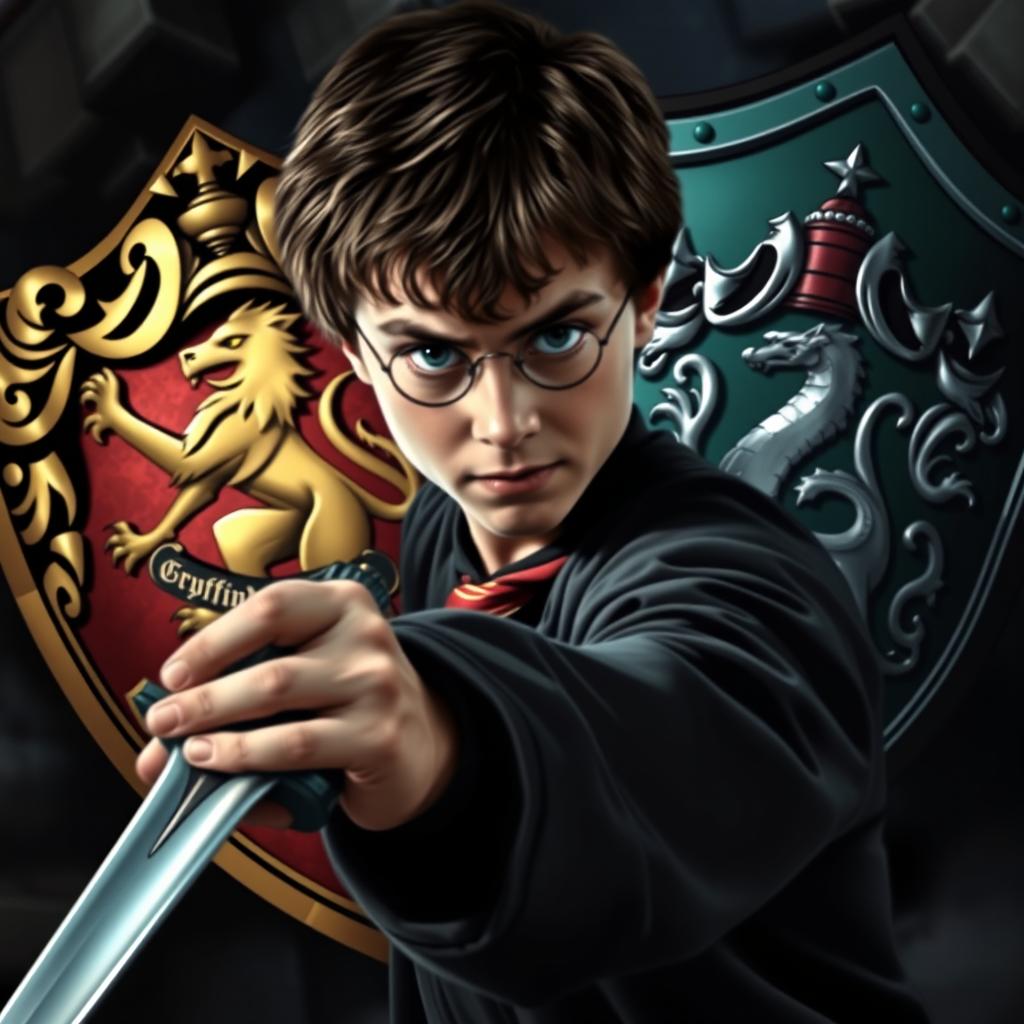 A close-up of Harry Potter, with an intense and determined look on his face, wielding the Sword of Gryffindor firmly