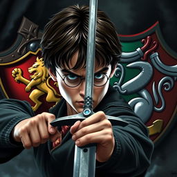 A close-up of Harry Potter, with an intense and determined look on his face, wielding the Sword of Gryffindor firmly