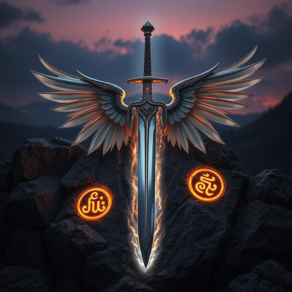 A magnificent sword with elegant wings, embedded in a rugged rock, adorned with ancient symbols glowing softly