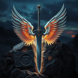 A magnificent sword with elegant wings, embedded in a rugged rock, adorned with ancient symbols glowing softly