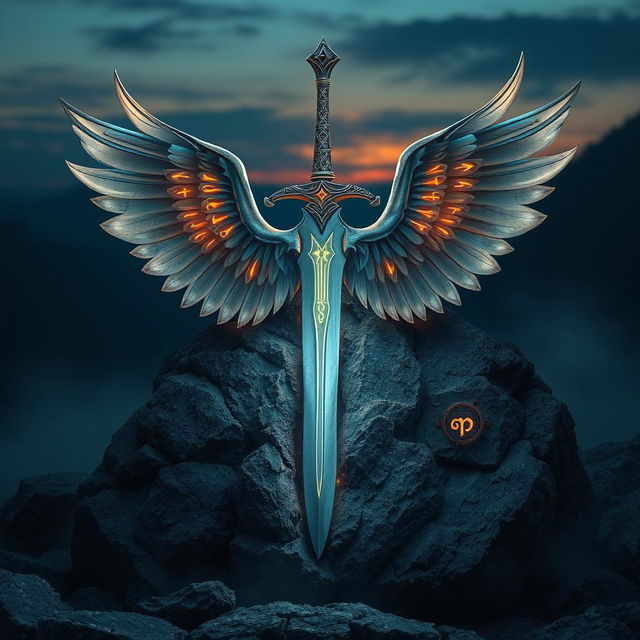 A magnificent sword with elegant wings, embedded in a rugged rock, adorned with ancient symbols glowing softly