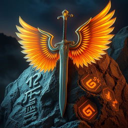 A magnificent sword with elegant wings, embedded in a rugged rock, adorned with ancient symbols glowing softly