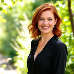 A 35-year-old woman with red hair and a European appearance, dressed elegantly in non-revealing clothing
