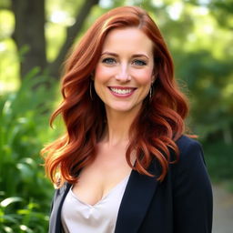 A 35-year-old woman with red hair and a European appearance, dressed elegantly in non-revealing clothing
