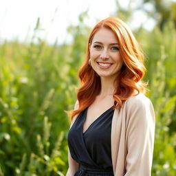 A 35-year-old woman with red hair and a European appearance, dressed elegantly in non-revealing clothing