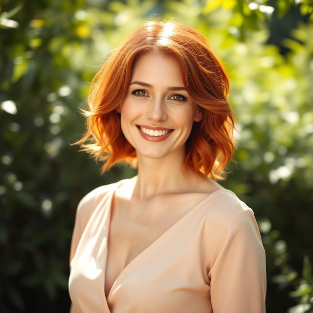 A 35-year-old woman with red hair and a European appearance, dressed elegantly in non-revealing clothing