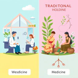 A visually engaging illustration contrasting Western medicine and traditional medicine
