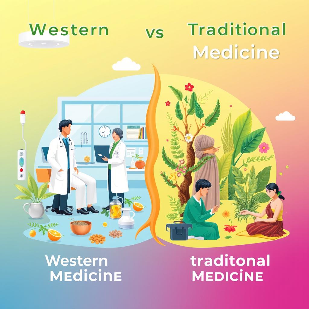 A visually engaging illustration contrasting Western medicine and traditional medicine