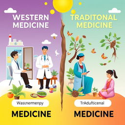 A visually engaging illustration contrasting Western medicine and traditional medicine