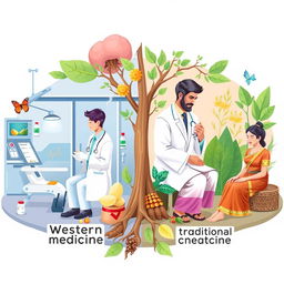 A visually engaging illustration contrasting Western medicine and traditional medicine