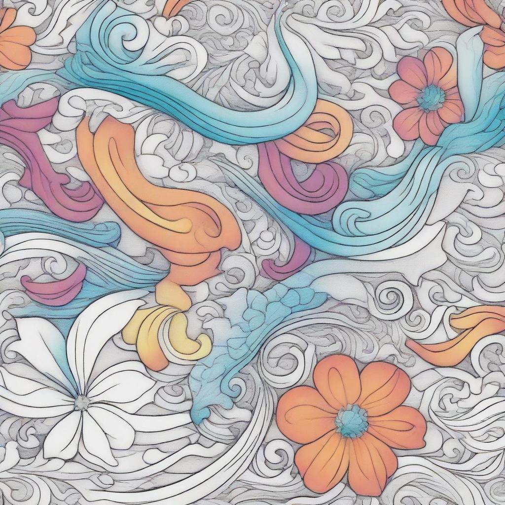 A coloring book page beautifully portraying depth through ornate flourishes and swirls that seem to dance in different layers, creating a 3D feel