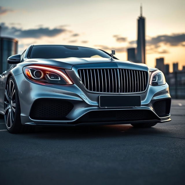 A Mercedes C220 modified to feature the luxurious headlights and grill of a Rolls Royce Phantom, showcasing an elegant blend of both car designs