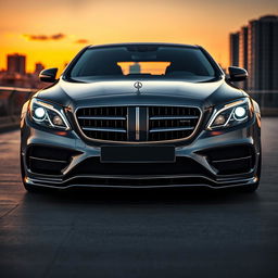 A Mercedes C220 modified to feature the luxurious headlights and grill of a Rolls Royce Phantom, showcasing an elegant blend of both car designs
