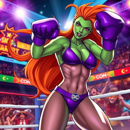 A dynamic scene featuring Starfire from DC Comics, depicted in a vibrant purple bikini while engaged in an energetic boxing match