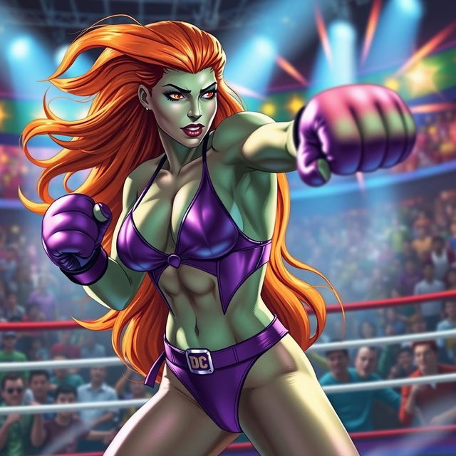 A dynamic scene featuring Starfire from DC Comics, depicted in a vibrant purple bikini while engaged in an energetic boxing match