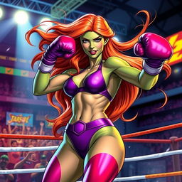 A dynamic scene featuring Starfire from DC Comics, depicted in a vibrant purple bikini while engaged in an energetic boxing match