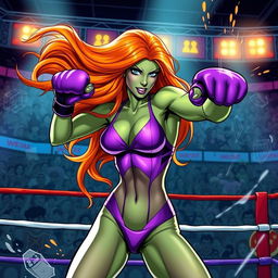 A dynamic scene featuring Starfire from DC Comics, depicted in a vibrant purple bikini while engaged in an energetic boxing match