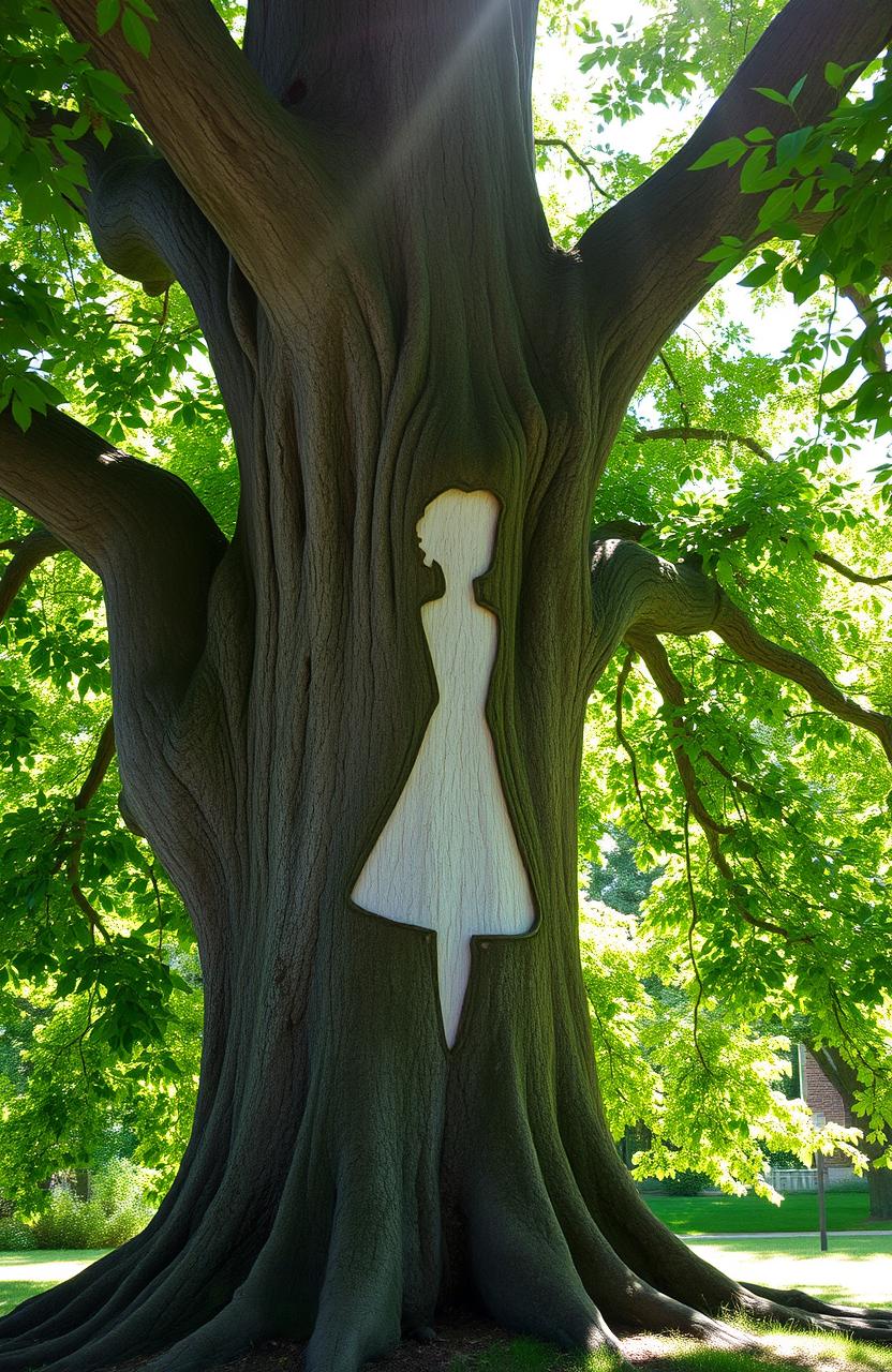 A magnificent tree displaying unique growth patterns from healed damage, resembling the silhouette of a girl